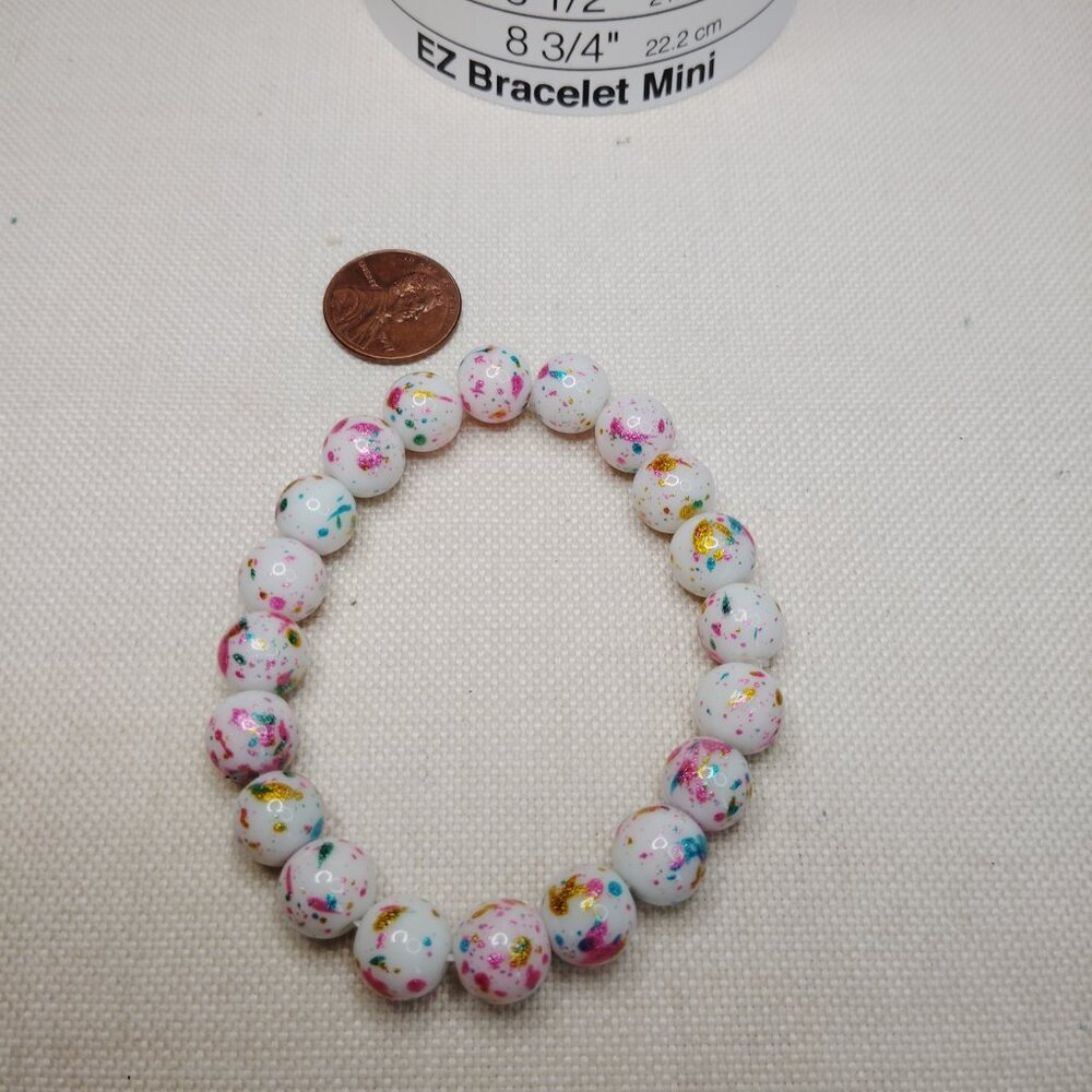 Jawbreaker Paint Splatter Glass Bead Stretch Bracelet Rainbow White